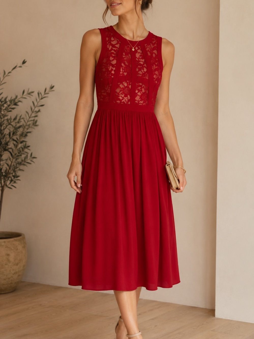 Morgan & Co. Sleeveless Lace Bodice Midi Dress in Red